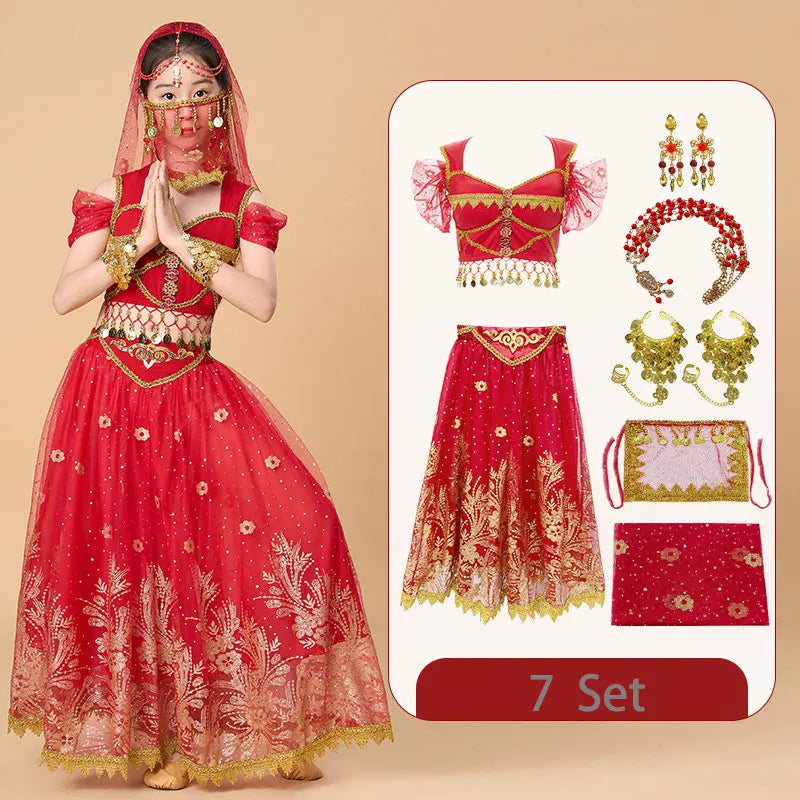  Kids India Princess Belly Dance Set Oriental Indian Dance Sari Girl Performance Costume Bollywood Children Stage Outfit