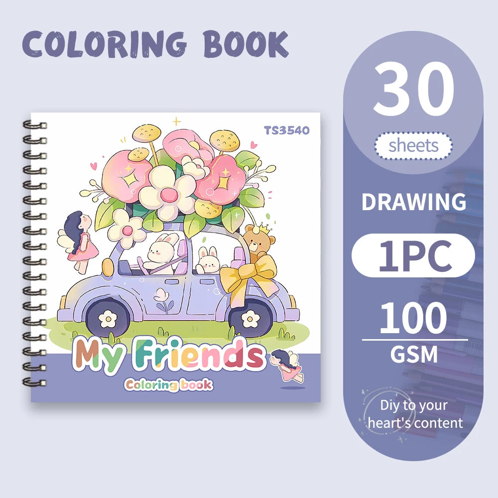Car with Flowers Colouring Book - 30 Sheets Adult Colouring Book, 100gsm8.3x 8.3 inch, Drawing Book, Birthday Gift, Holiday Part