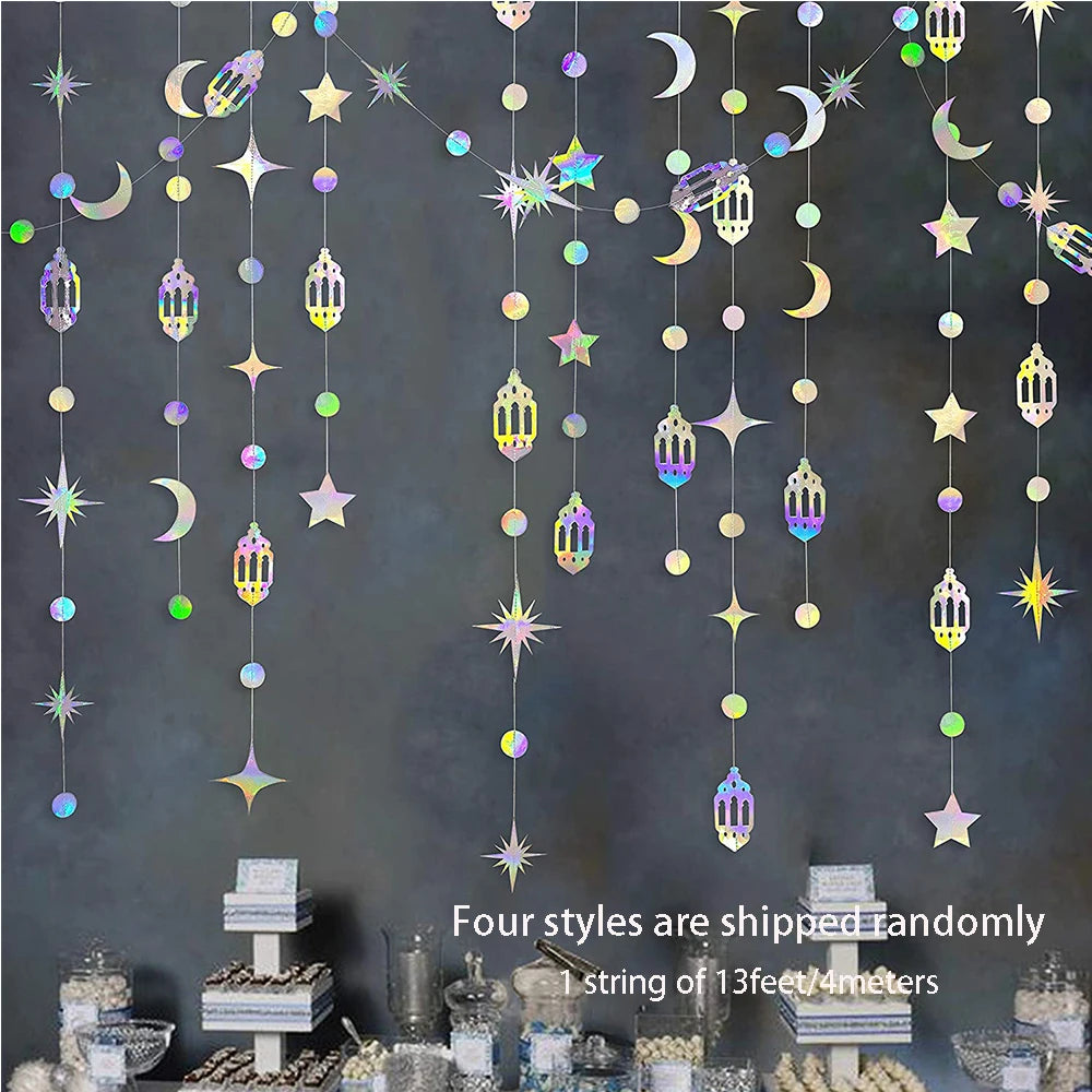 Iridescent Paper Leaf Snowflakes Garland Mermaid Birthday Tea Party Hanging Leaves Star Streamer Xmas New Year Banner Decoration