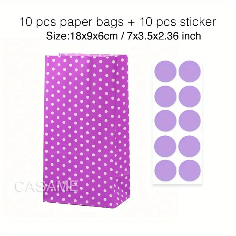 10 pcs Colorful Solid Stripe and Polka Dot Stand-Up Bags with Stickers - 18x9x6cm Favor Gift Packing Treat Bags for Wedding