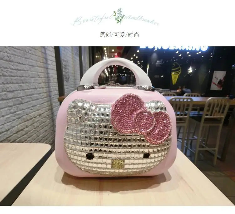 Kawaii 14 Inches Hello Kitty Cosmetic Case Sanrioed Anime Suitcase High Capacity with Lock Storage Bag Girl High End Gift Travel