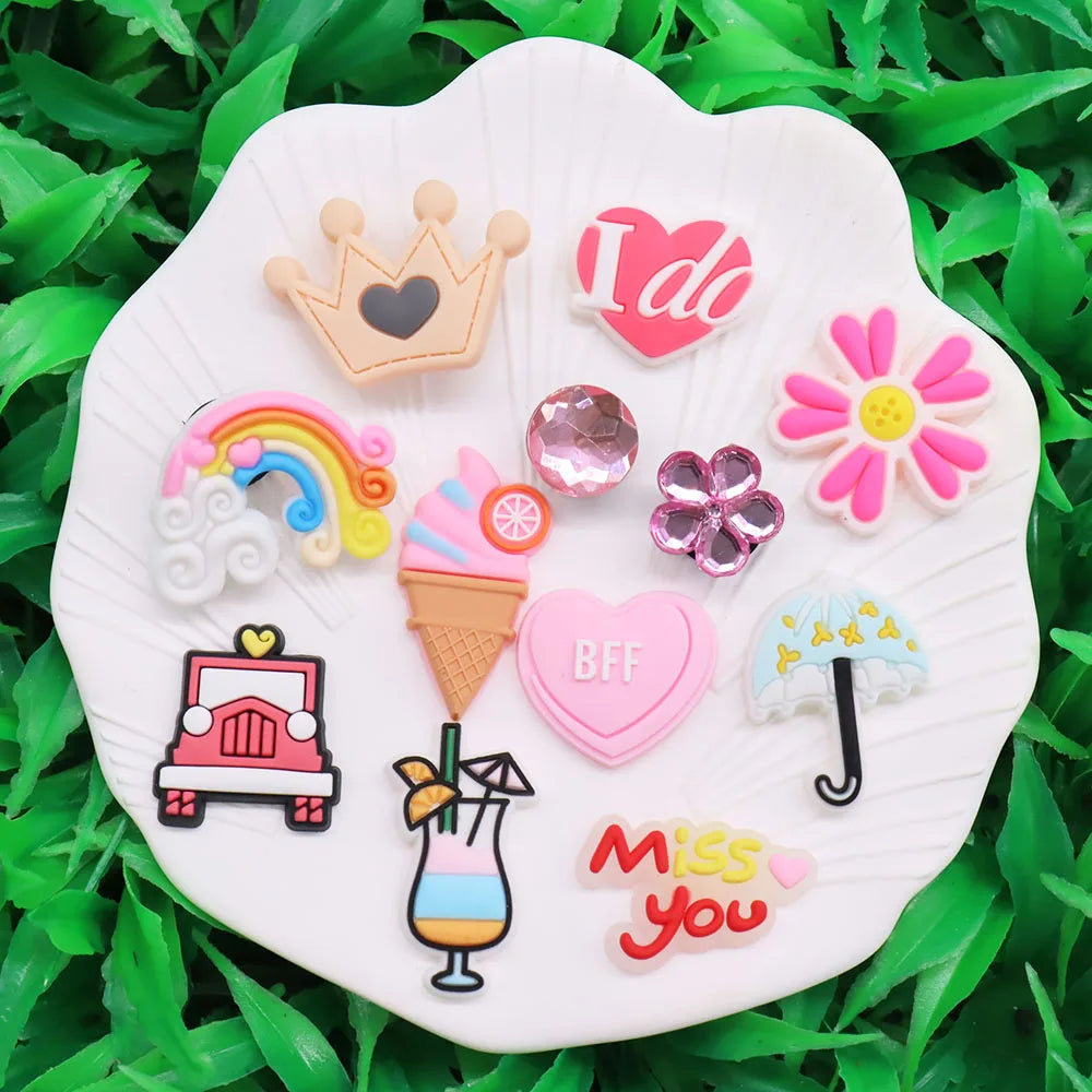 1Pcs PVC Hair Dryer Strawberry Cupcake Kids Shoe Charms Umbrella Crown Pink Series Buckle Clog Accessories Fit X-mas Gift