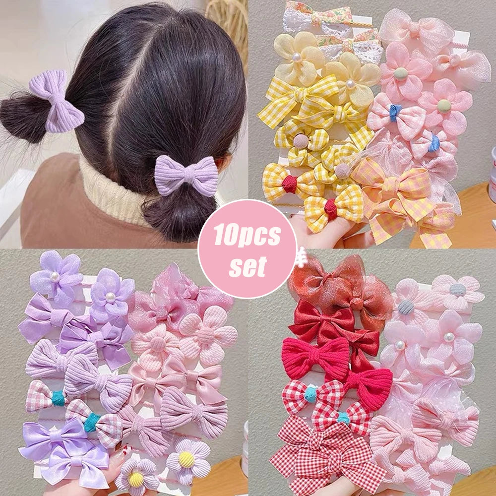 10pcs Cute Flower Hair Ties Set Kids High Elastic Mixed Cloth Plaid Bow Charms Hair Loop For Toddler Girls Princess Headwear