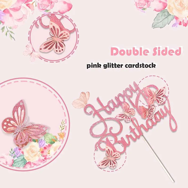 13pcs Pink Butterfly Cake Toppers Happy Birthday Cake Topper 3D Butterfly Decorations for Girls Shower Birthday Cake Decorations