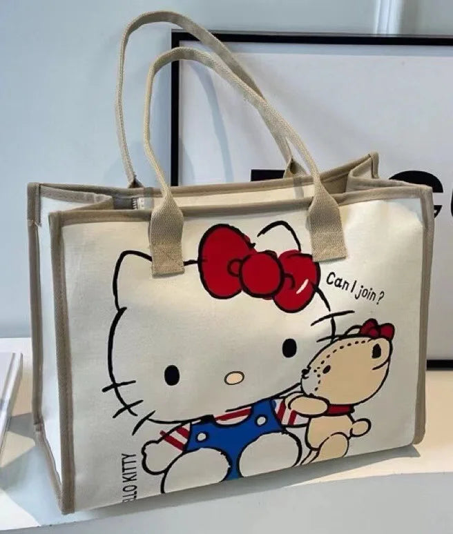 Hello Kitty Canvas Bag Sanrio Tote Bag Shoulder Storage Makeup Pouch Anime Handbag Travel Shopping Bag Kid Schoolbag Girl Gift