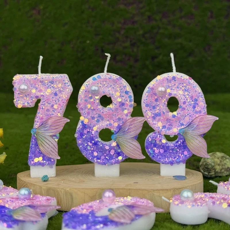 Purple Mermaid Tail Glitter 0-9 Number Candle Birthday Party Candle for Girls Cake Decoration