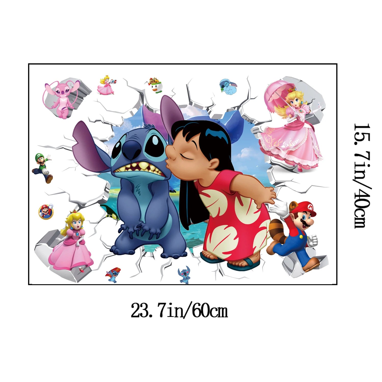 3D Broken Wall Lilo & Stitch Wall Stickers For Kid's Room Kindergarten Living Room Bedroom Wall Decoration Animated Poster