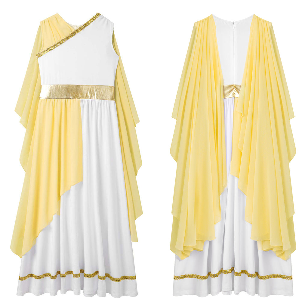 Kids Girls Ancient Greek Princess Toga Goddesses Costume Party Grecian Sleeveless Gown Dress Shawls Patchwork Flowy Tulle Dress